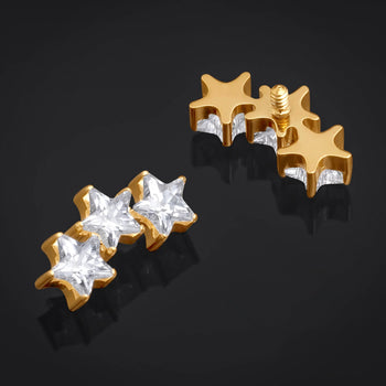 Labret Top, Gold, Triple Jewelled Star, Internally Threaded, Titanium