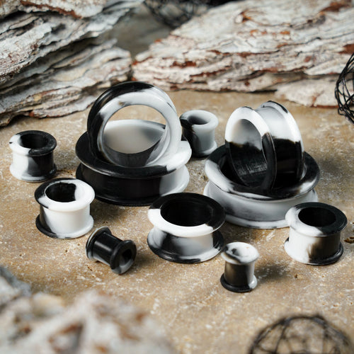 White & Black Marble Effect Silicone Ear Tunnel