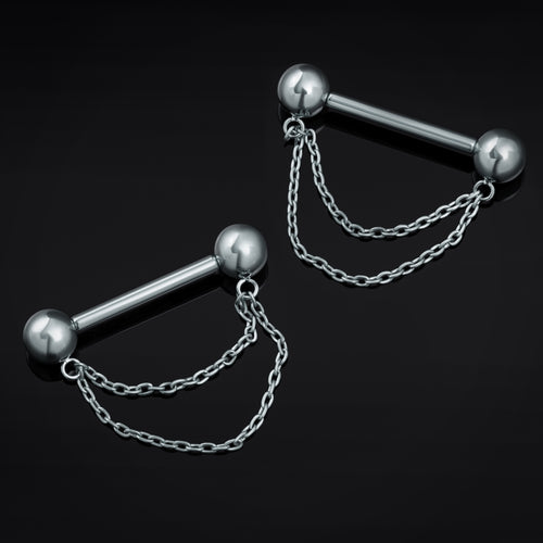 Nipple Barbell, Silver, Double Chain, Titanium, Threadless, 1.6mm