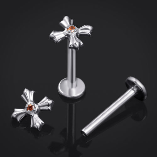 Silver Red Jewelled Cross Internally Threaded Titanium Labret Stud 1.2mm Gauge