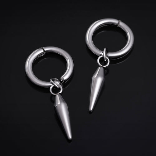 Clip on Earrings, Silver, Hoop with Spike Dangle, Stainless Steel - Pair