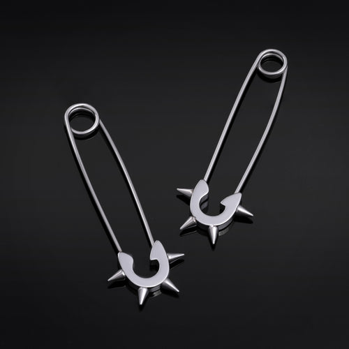 Safety Pin Earrings, Silver, Spiked, Stainless Steel - Pair