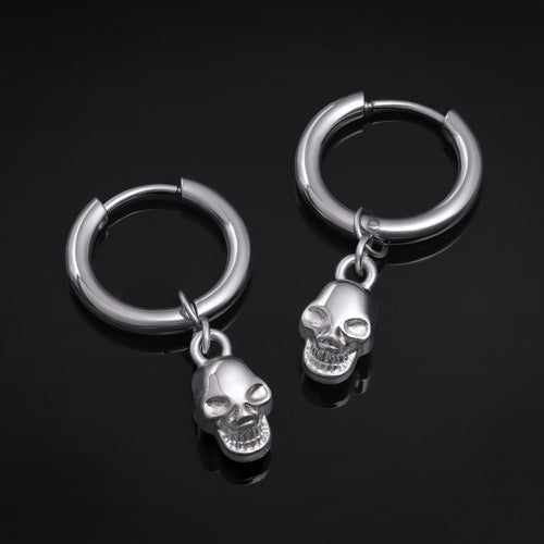 Huggie Hoop Earrings, Silver, Skull Dangle, Stainless Steel - Pair