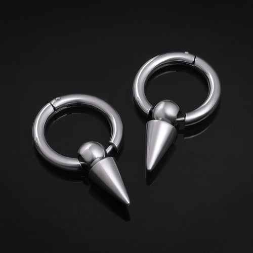 Huggie Hoop Earrings, Silver, Spike Dangle, Stainless Steel - Pair