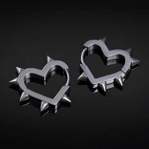 Huggie Hoop Earrings, Silver, Spiked Heart, Stainless Steel - Pair