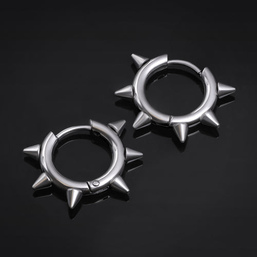Huggie Hoop Earrings, Silver, Spiked Edge, Stainless Steel - Pair