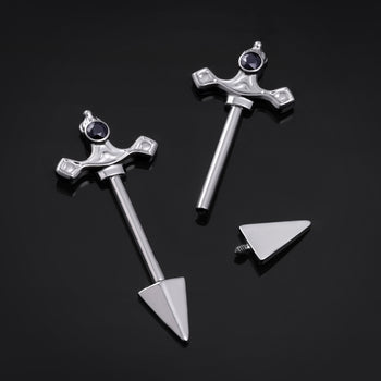 Nipple Barbell, Silver, Sword Design, Internal Thread, Titanium