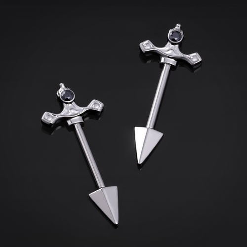 Nipple Barbell, Silver, Sword Design, Internal Thread, Titanium