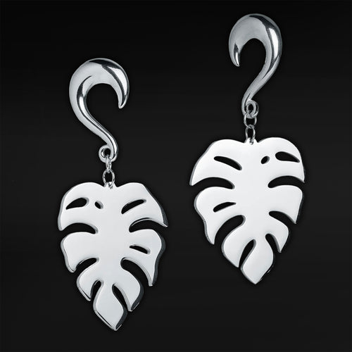 Silver Steel Monstera Leaf Ear Hangers - Pair