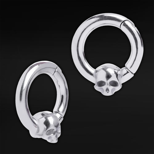 Silver Steel Skull Hoop Ear Hangers - Pair