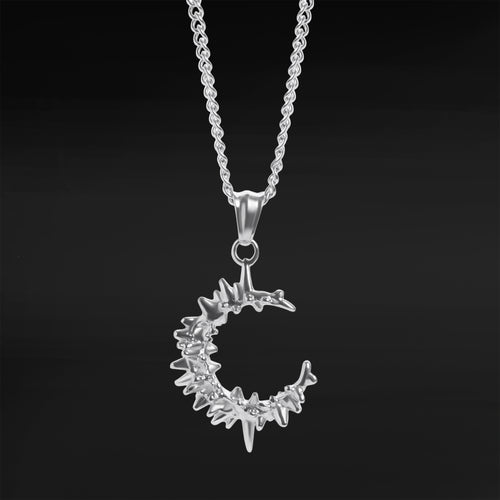 Silver Spiked Crescent Moon Pendant Necklace