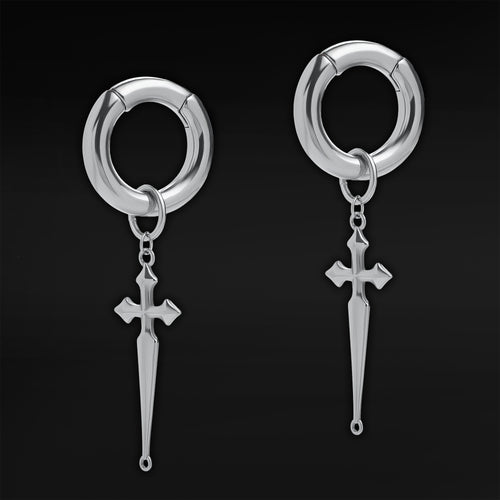 Silver Steel Cross Dangle Hoop Ear Hangers - Pair