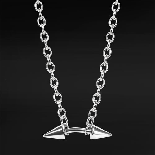 Silver Steel Large Spiked Curved Barbell Chain Choker Necklace