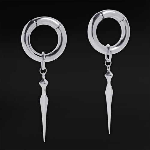 Silver Steel Obelisk Dangle Hoop Ear Hangers - Pair