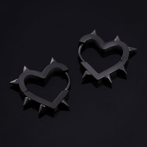 Huggie Hoop Earrings, Black, Spiked Heart, Stainless Steel - Pair