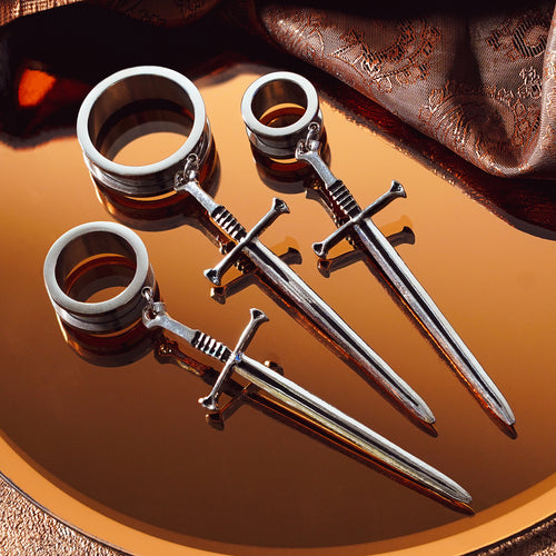 Silver Sword Screwback Stainless Steel Dangle Ear Tunnels