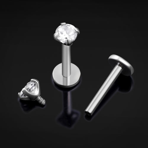 Labret Stud, Silver, Clear Gem, Internal Thread, Titanium, 1.2mm