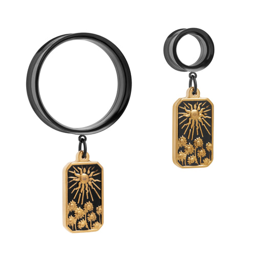 Black Steel The Blooming Sun Charm Double Flare Dangle Ear Tunnel / Plug / Gauge