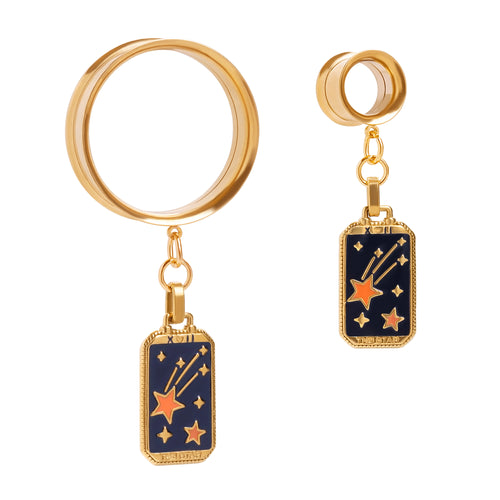 Gold Steel The Cosmic Star Tarot Charm Double Flare Dangle Ear Tunnel / Plug / Gauge