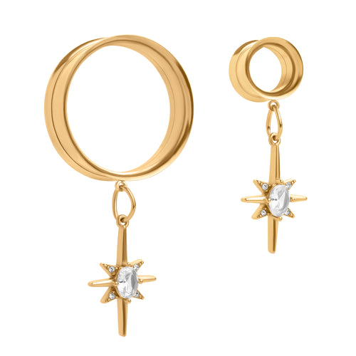 Gold Steel The Crystal Star Charm Double Flare Dangle Ear Tunnel / Plug / Gauge