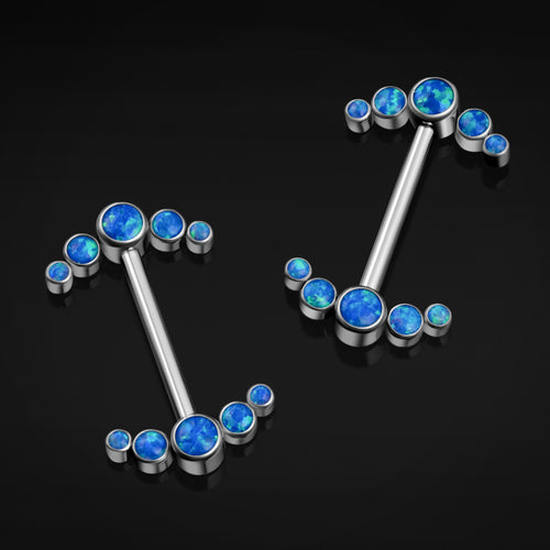 Nipple Barbell, Silver, Blue Opal Cluster, Internal Thread, Titanium, 1.6mm