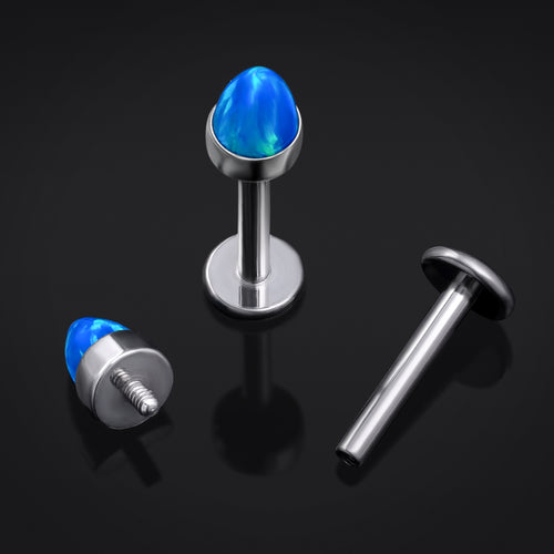 Labret Stud, Silver, Blue Opal Cone, Internal Thread, Titanium, 1.2mm