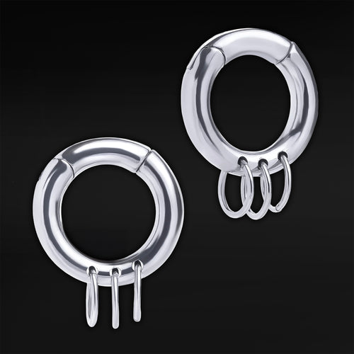 Silver Triple Ring Steel Hoop Ear Hangers - Pair