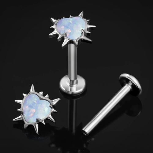 Silver, Spiked Heart, White Opal, Internally Threaded Titanium Labret Stud, 1.2mm Gauge