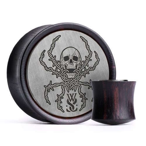 WSS Social Skull Plug / Gauge - Brushed Silver & Black Inlay Ebony Wood | Convex Double Flare