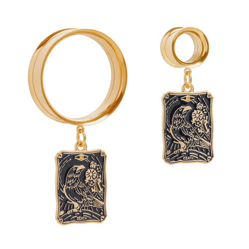 Gold Steel XIII Raven of Change Golden Charm Double Flare Dangle Ear Tunnel / Plug / Gauge