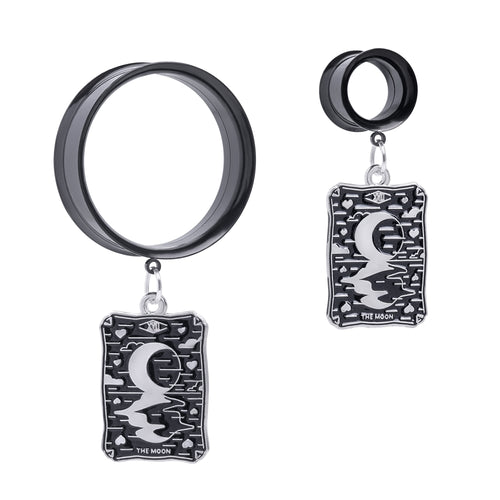 Black Steel XVIII The Moon Charm Double Flare Dangle Ear Tunnel / Plug / Gauge