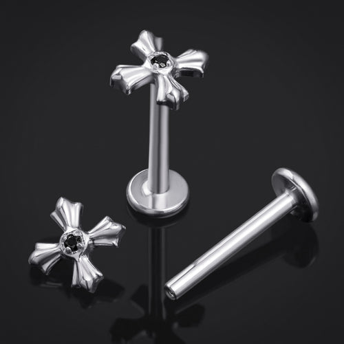 Silver Black Jewelled Cross Internally Threaded Titanium Labret Stud 1.2mm Gauge