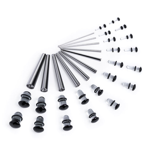 Beginner Ear Stretching Kit, Surgical Steel Taper & Clear Black Glass Plug / Gauge - 33 Piece