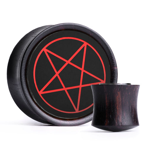 Pentagram Plug / Gauge - Black & Red Inlay Ebony Wood | Convex Double Flare