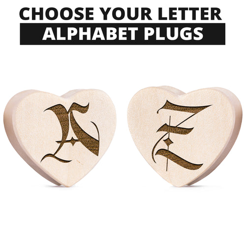 Insert Single Initial Ornate Crocodile Wood Heart Shaped Plugs / Gauge