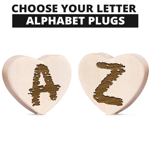 Insert Single Initial Crocodile Wood Heart Shaped Plugs / Gauge