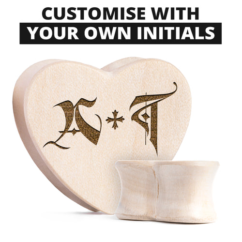 Insert Initials Ornate Crocodile Wood Heart Shaped Plugs / Gauge