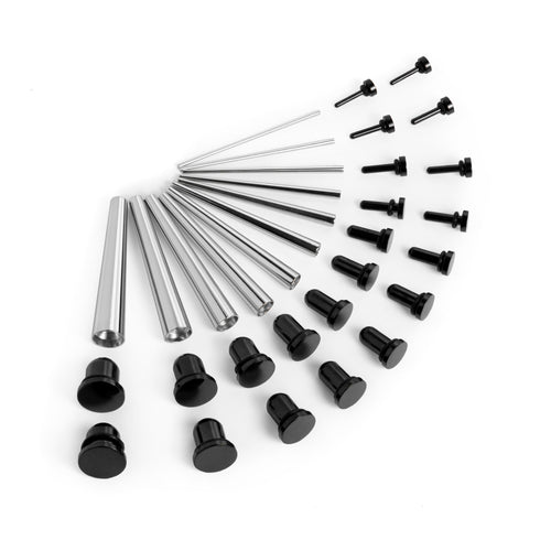 Beginner Ear Stretching Kit, Surgical Steel Taper & Black Steel Plug / Gauge- 33 Piece