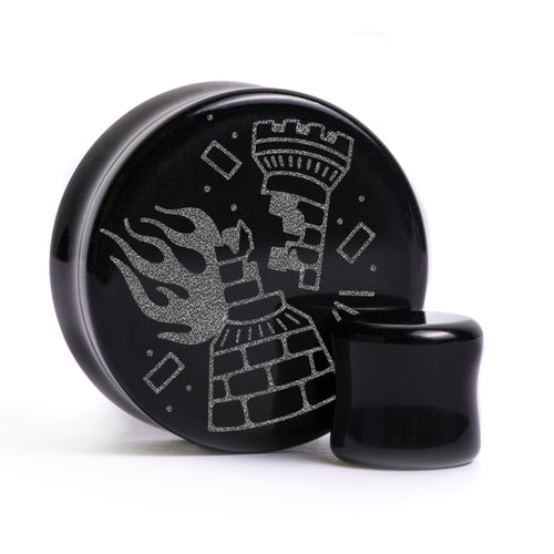 Burning Rook Tattoo Plug / Gauge - Black Glass | Flat Faced Double Flare