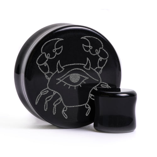 Cancer Zodiac Plug / Gauge - Black Glass | Flat Faced Double Flare