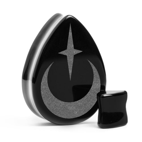 Crescent Moon Plug / Gauge - Tränenschwarzglas | Doppelaufgeweitet mit flachem Gesicht