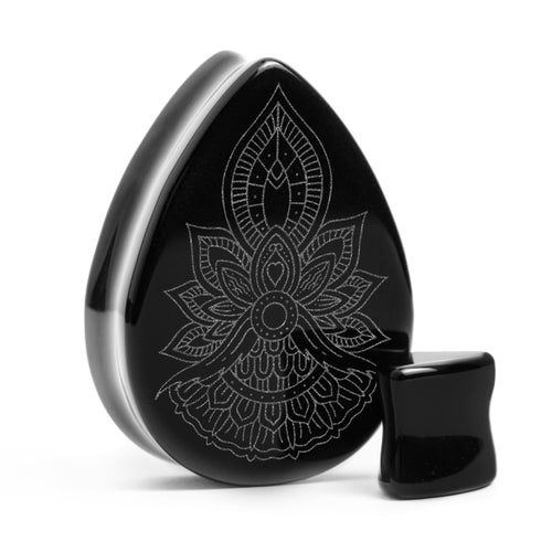 Geometric Flower Plug / Gauge - Teardrop Black Glass | Flat Faced Double Flare