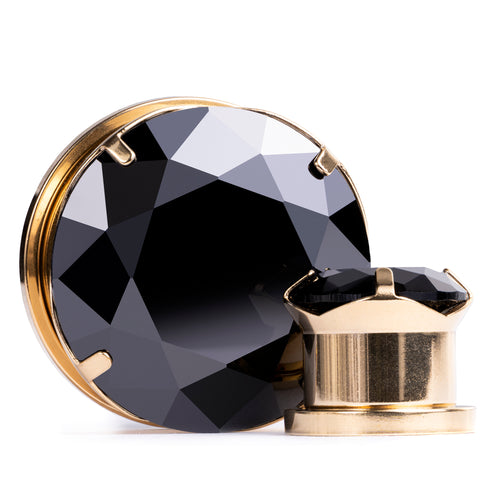 Gold Black Diamond Steel Ear Stretching Plug / Gauge