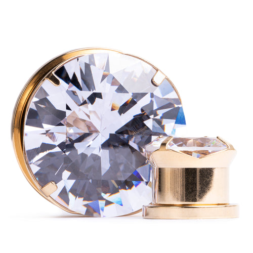 Gold Clear Diamond Steel Ear Stretching Plug / Gauge