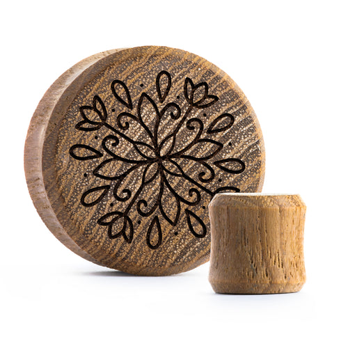 Linework Mandala Ornamental Tattoo Plug / Gauge - Teak Wood | Flat Faced Double Flare