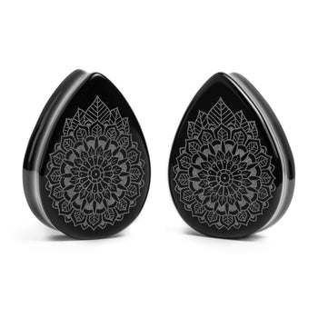 Mandala Plug / Gauge - Teardrop Black Glass | Flat Faced Double Flare