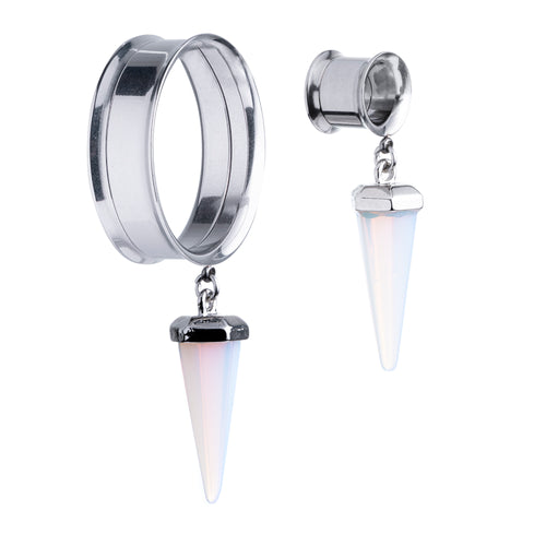 Opalite Drop Screwback Silver Dangle Ear Tunnels