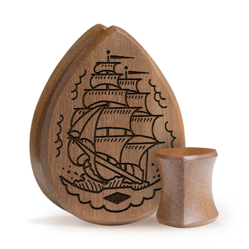 Pirate Ship Plug / Gauge - Teardrop Saba Wood | Flat Faced Double Flare
