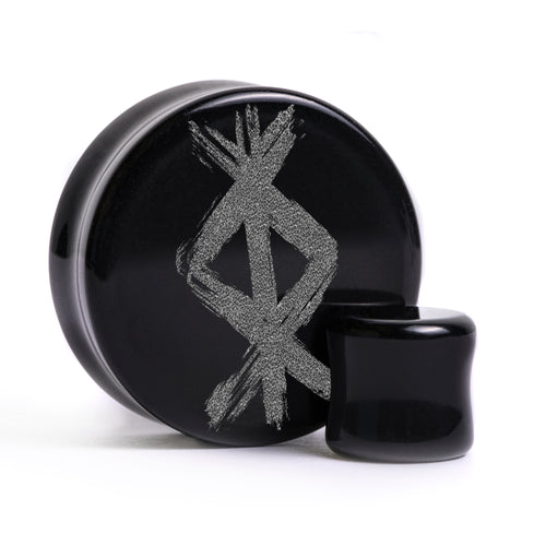 Protection Rune Viking Plug / Gauge - Black Glass | Flat Faced Double Flare