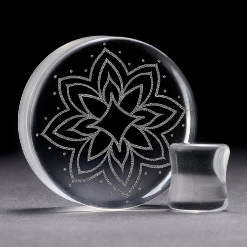 Starburst Mandala Ornamental Tattoo Plug / Gauge - Clear Glass | Flat Faced Double Flare